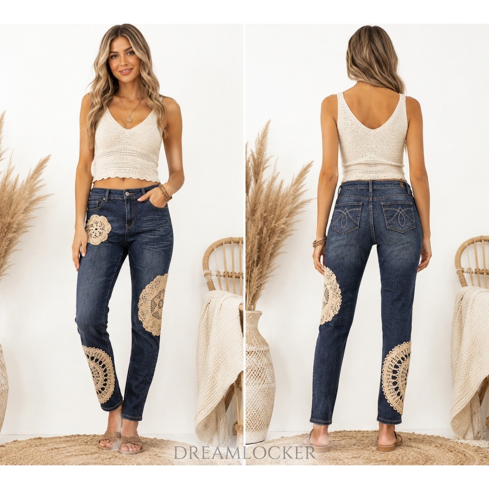 Upcycled Crochet Lace Applique Jeans‎ Womens 15/16 Dark Wash Boho Festival